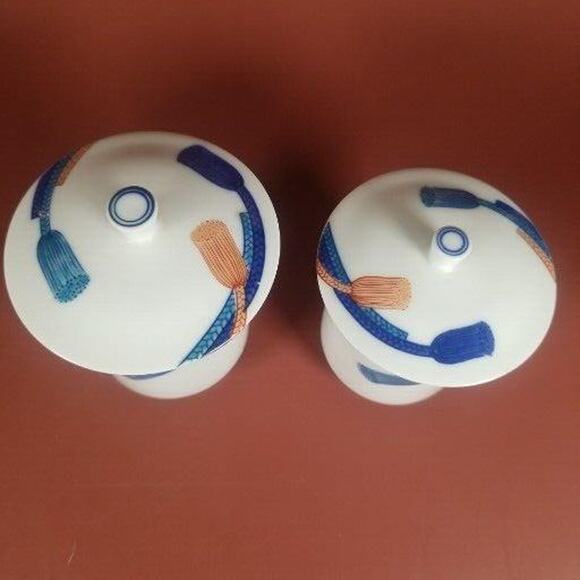 Japanese Tea Cup Mugs With Lids, Tassel Print Blue And Orange Two Sizes Lot of 2 - Picture 10 of 11